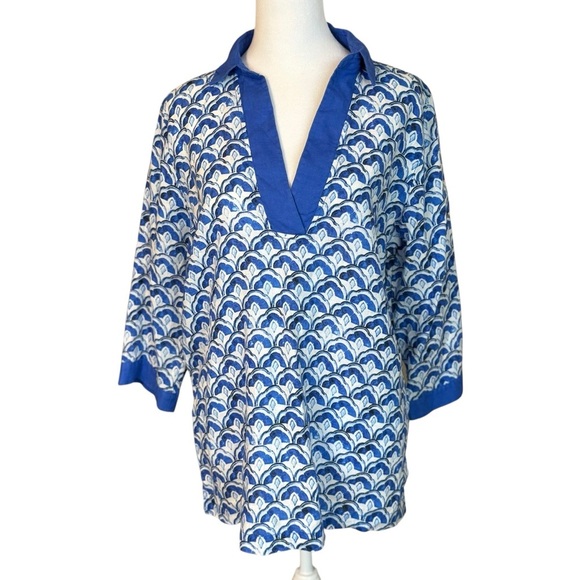 Sigrid Olsen 100% Linen Tunic Blouse Women’s Medium Blue White 3/4 Sleeve Beach - Picture 1 of 10